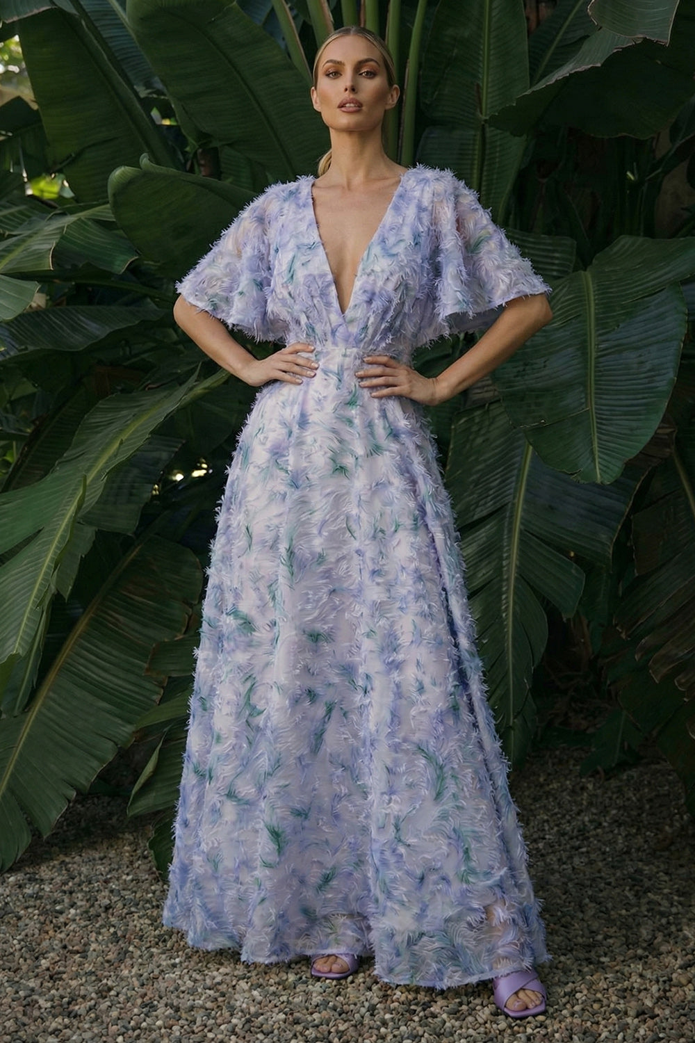 Zapakasa Women Light Purple Floral Long Wedding Guest Dress V-Neck Half Sleeves A Line Jacquard Backless Formal Dress Zapakasa Women Light Purple Floral Long Wedding Guest Dress V-Neck Half Sleeves A Line Jacquard Backless Formal Dress