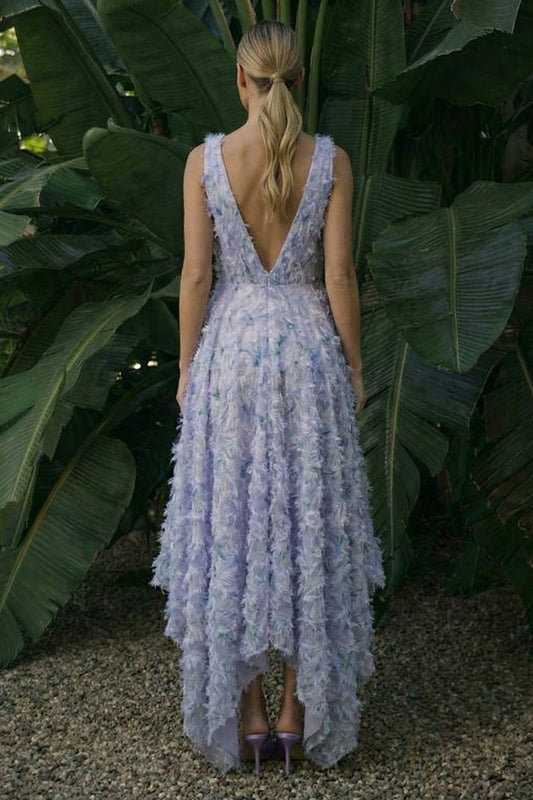 Light Purple Floral Asymmetrical A Line Backless Wedding Guest Dress