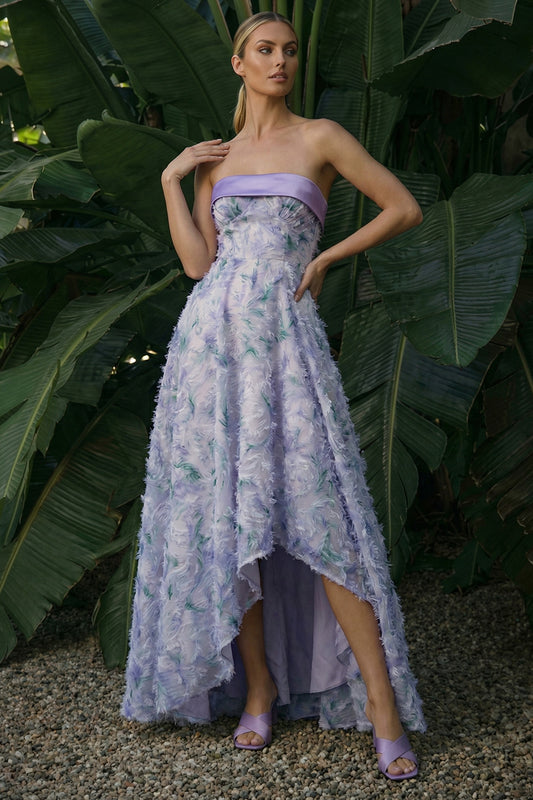 Light Purple Strapless Floral Asymmetrical A Line Wedding Guest Dress