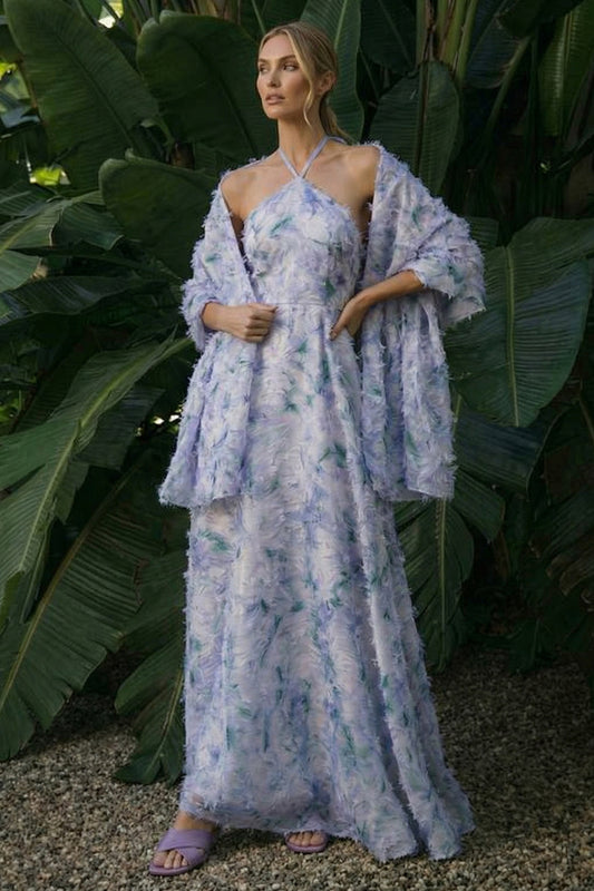 Light Purple Long Floral A Line Halter Backless Wedding Guest Dress