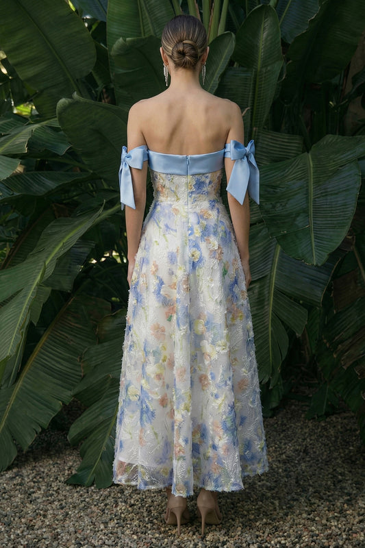 Light Blue Maxi Floral A Line Wedding Guest Dress with Bows