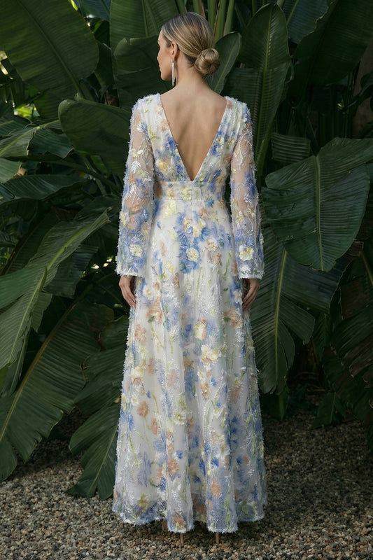 Light Blue A Line Maxi Floral V-Neck Wedding Guest Dress