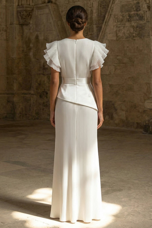 Sheath Maxi White Round Neck Pleated Beach Wedding Dress with Ruffles