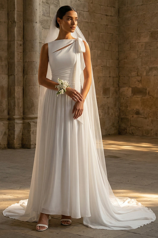 White A Line Sweep Train Beach Wedding Dress with Lace