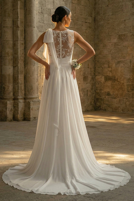 White A Line Sweep Train Beach Wedding Dress with Lace