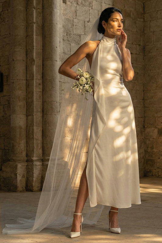 White High Neck Sheath Maxi Beach Wedding Dress