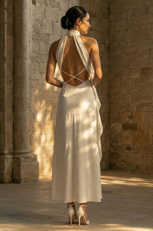 White High Neck Sheath Maxi Beach Wedding Dress