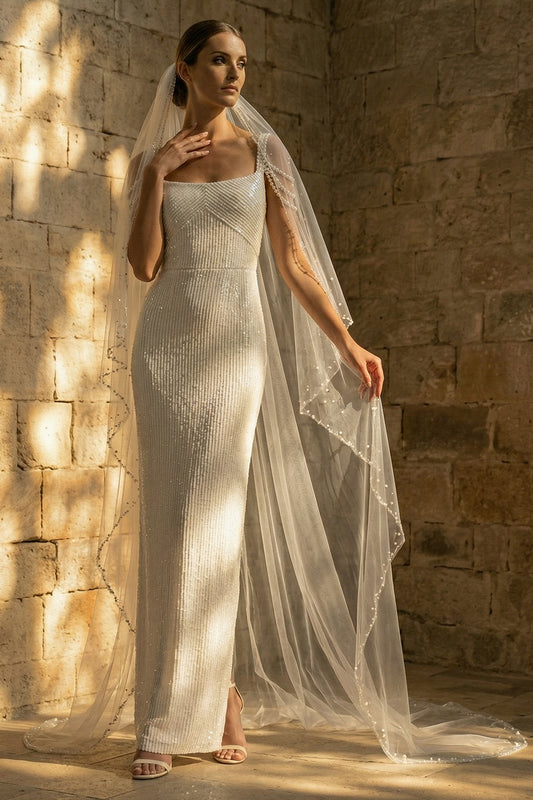 Sparkly White Beaded Sheath Maxi Sequin Wedding Dress