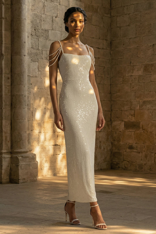 Beaded Sheath Maxi Sparkly White Sequin Wedding Dress