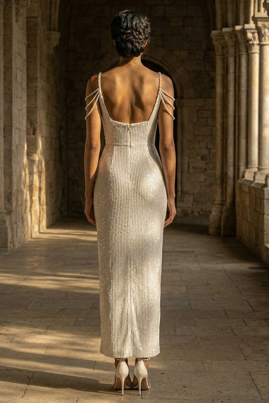 Beaded Sheath Maxi Sparkly White Sequin Wedding Dress