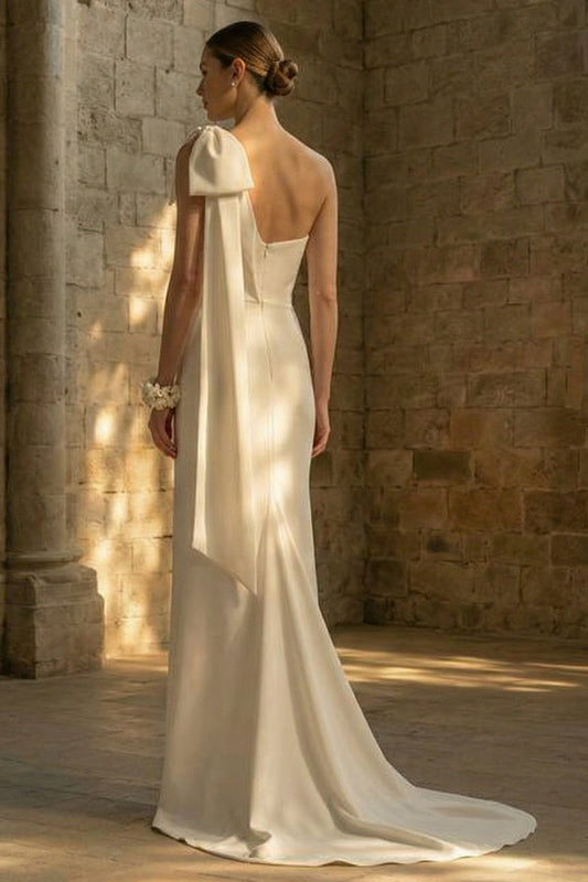 Maxi White Mermaid One Shoulder Beach Wedding Dress with Bow