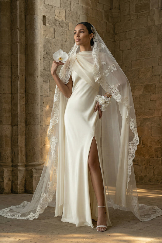 White Maxi Sheath Beach Wedding Dress with Cape