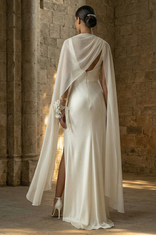 White Maxi Sheath Beach Wedding Dress with Cape