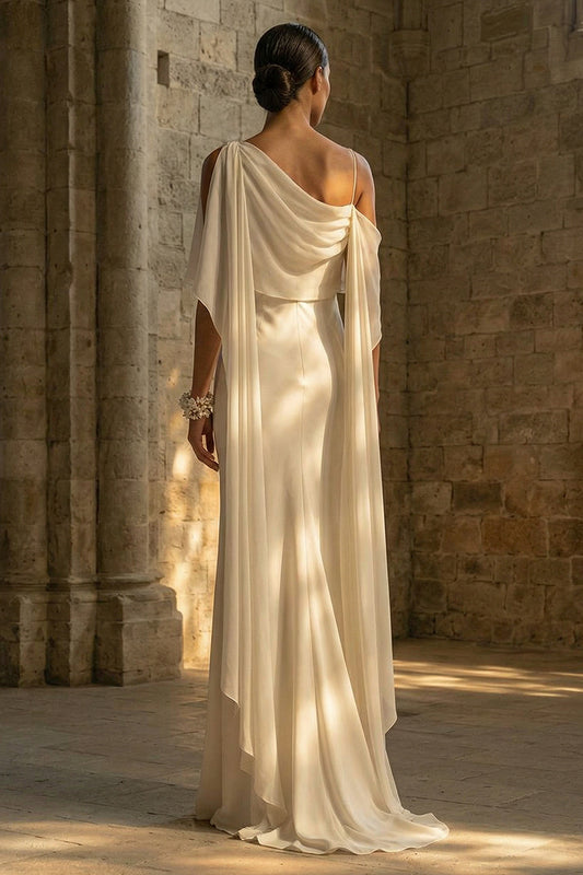 Sheath Maxi White Spaghetti Straps Beach Wedding Dress with Cape