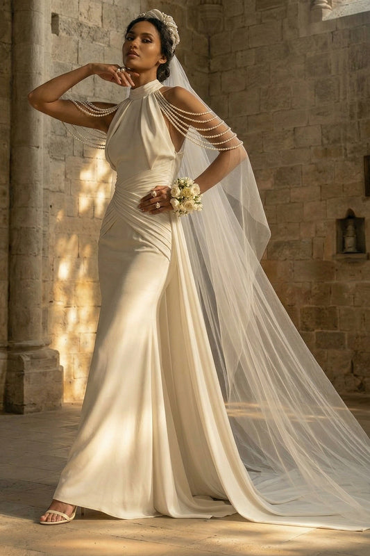 Mermaid Beaded Ruched White Maxi Boho Wedding Dress