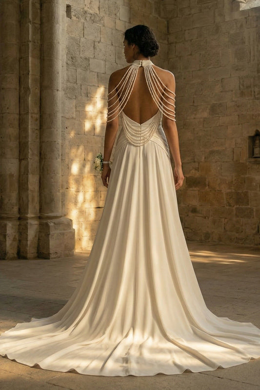 Mermaid Beaded Ruched White Maxi Boho Wedding Dress