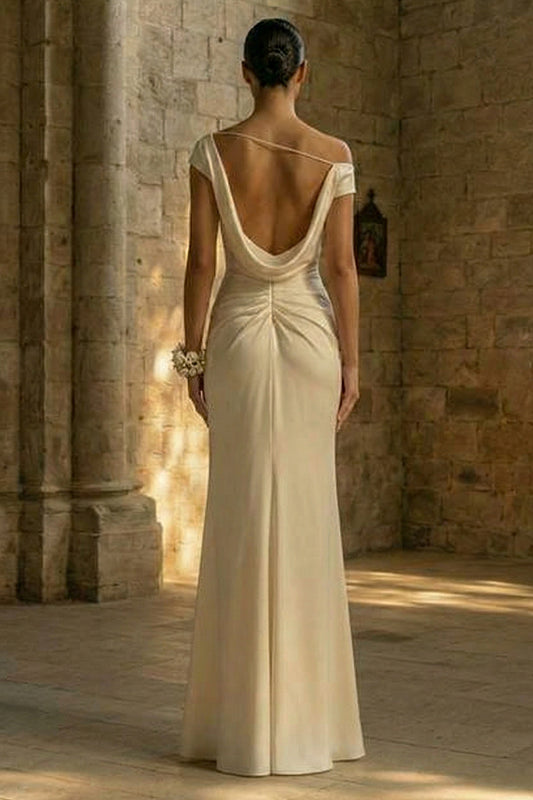 White Sheath Ruched Maxi Beach Wedding Dress with Slit