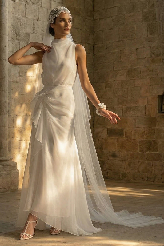 Sheath Maxi High Neck Ruched Beach Wedding Dress
