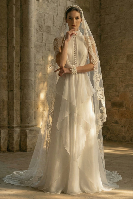 Maxi High Neck A Line White Beach Wedding Dress with Ruffles