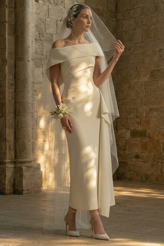 Sheath White Maxi Ruched Beach Wedding Dress with Side Cape