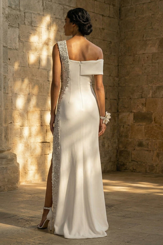 Sheath Maxi White Beaded Beach Wedding Dress with Slit