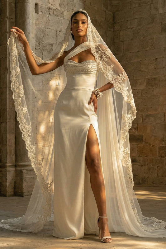 Maxi Sheath One Shoulder White Beach Wedding Dress with Side Cape