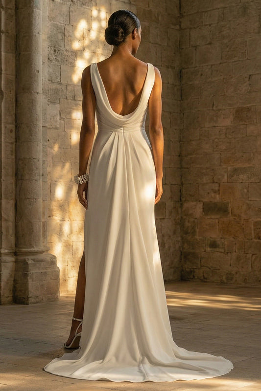 Sheath White Ruched Maxi Beach Wedding Dress with Slit