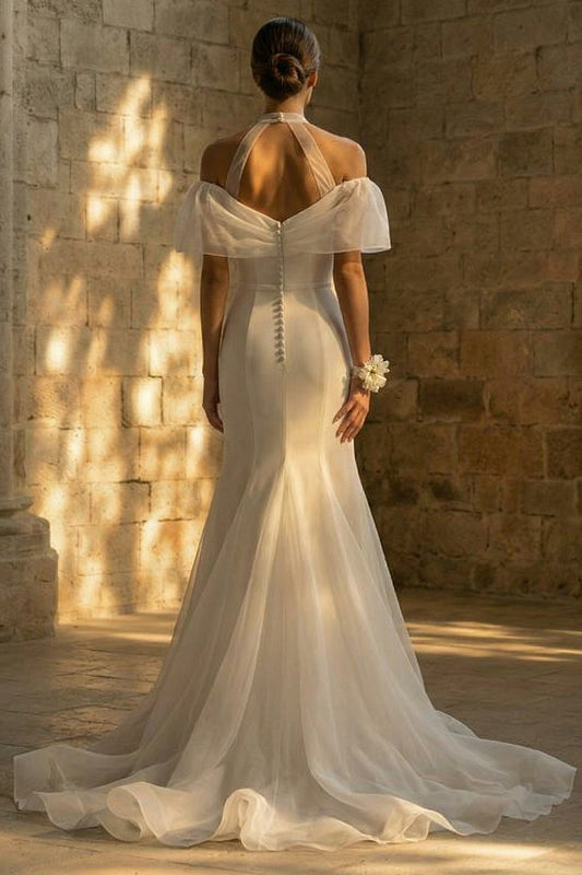 Mermaid Sweep Train White Boho Wedding Dress