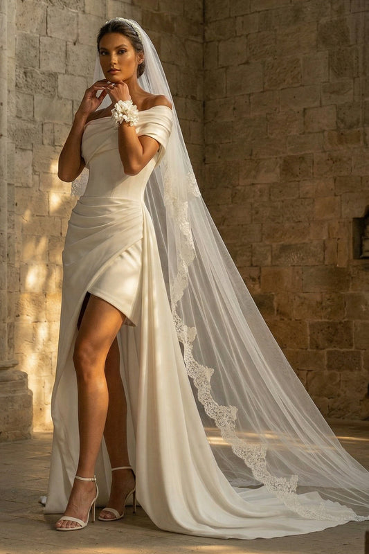 Maxi A Line Ruched White Beach Wedding Dress with Slit
