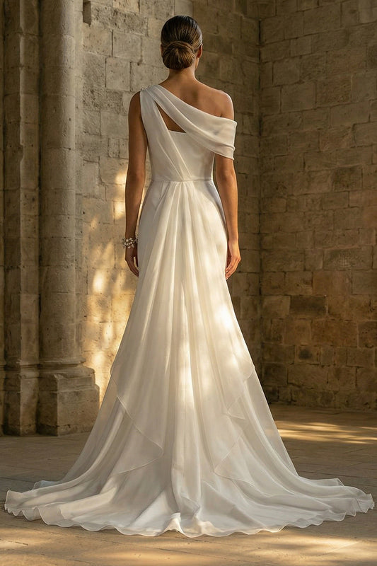 White High Low One Shoulder Beach Wedding Dress with Cape