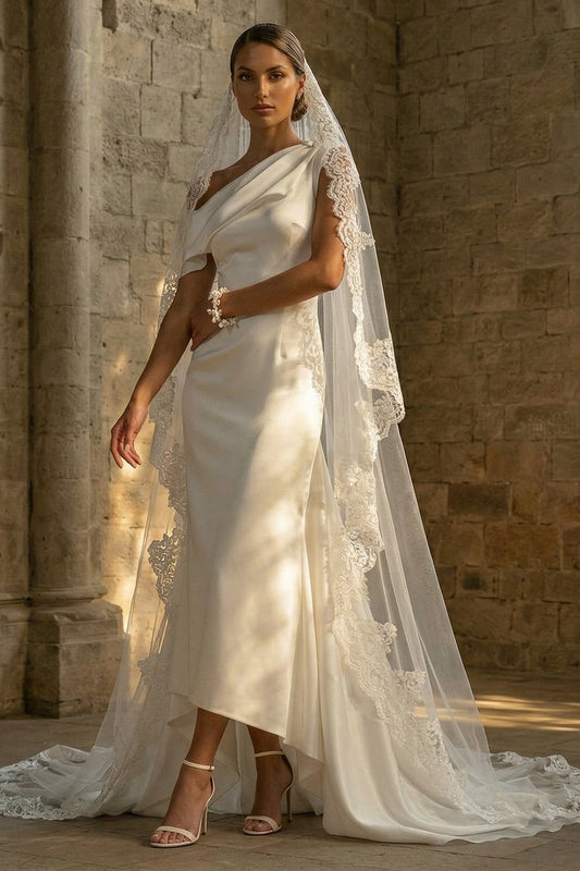 White High Low One Shoulder Beach Wedding Dress with Cape