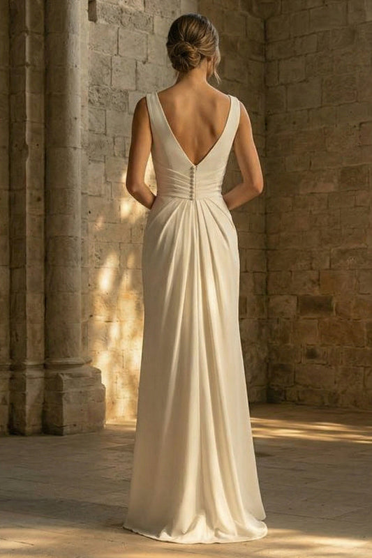 White Ruched Maxi Sheath Beach Wedding Dress with Slit