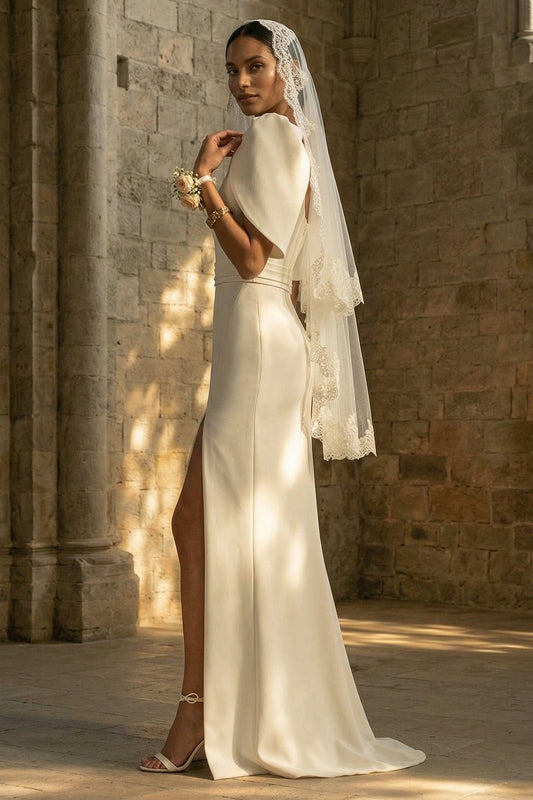 White Square Neck Maxi Sheath Boho Wedding Dress with Slit