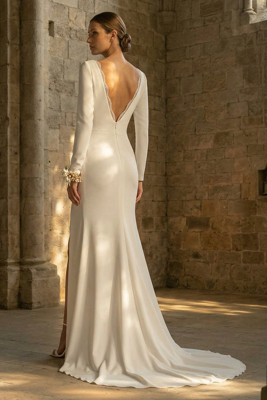 Maxi White Bateau Neck Backless Mermaid Beach Wedding Dress with Slit