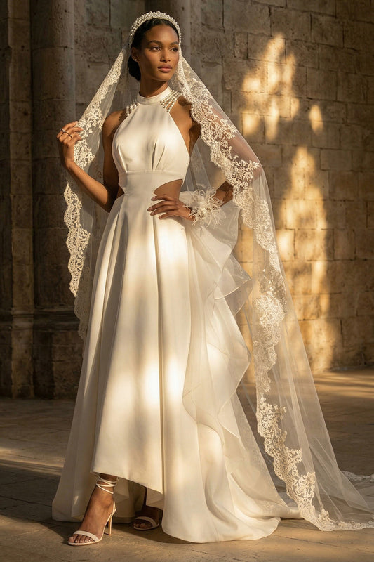 Maxi High Neck A Line White Boho Wedding Dress