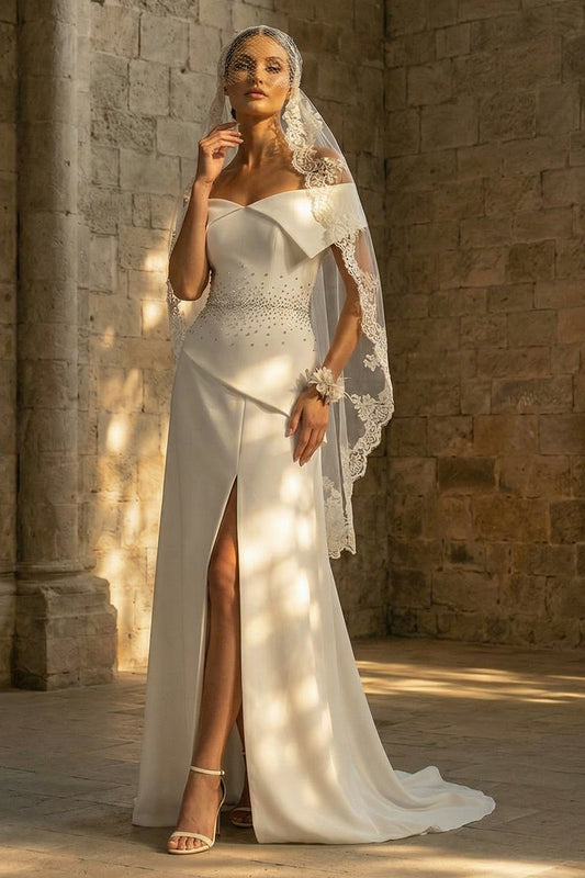 Sheath Beaded White Maxi Boho Wedding Dress with Slit