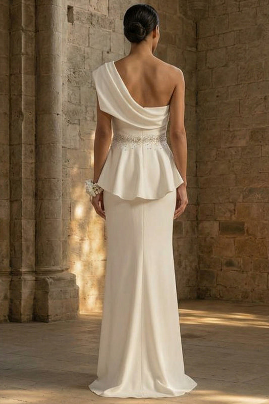 Mermaid Ruched White Maxi One Shoulder Boho Wedding Dress