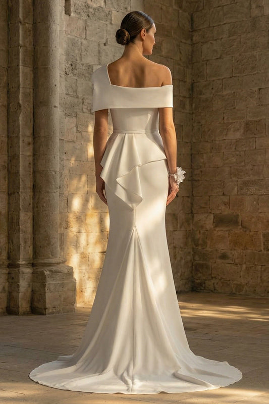 White Ruched Sweep Train Mermaid One Shoulder Boho Wedding Dress with Ruffles