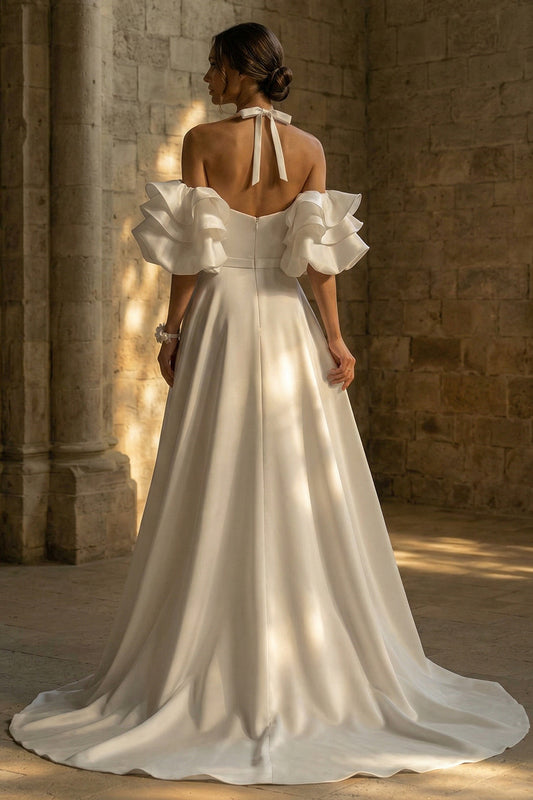 White Ruffled Sweep Train Halter Backless Boho Wedding Dress