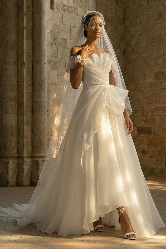 Ruched Halter A Line White Sweep Train Boho Wedding Dress with Ruffles