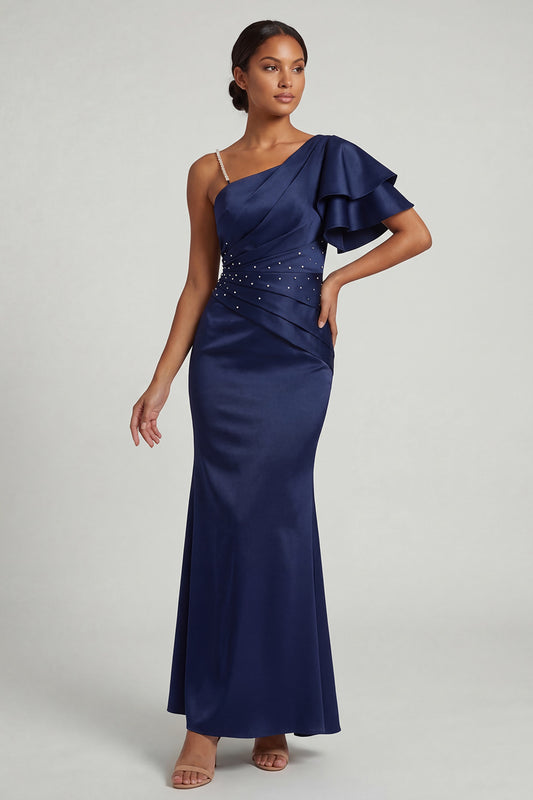 Long Navy Ruched Mermaid Beaded Mother of the Bride Dress with Ruffles