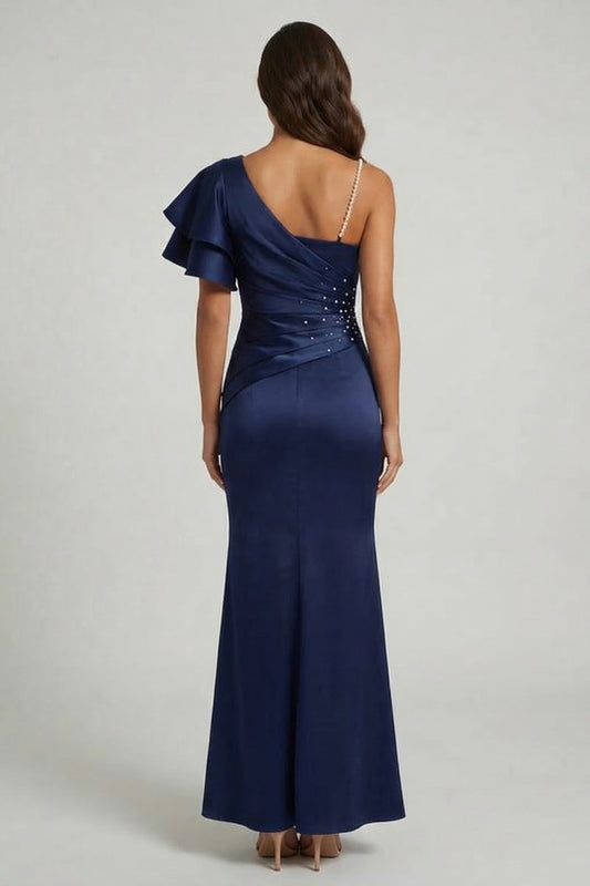 Long Navy Ruched Mermaid Beaded Mother of the Bride Dress with Ruffles