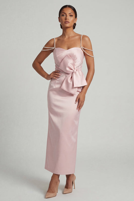 Blush Sheath Beaded Long Mother of the Bride Dress with Bow