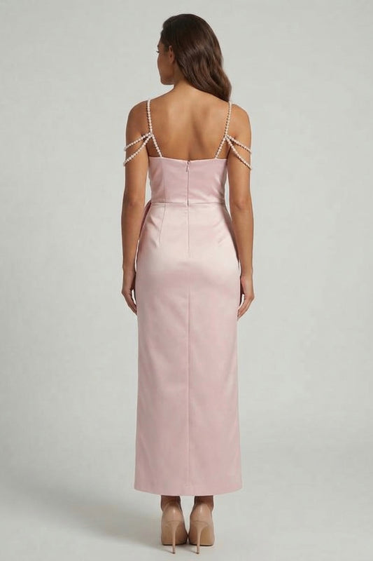Blush Sheath Beaded Long Mother of the Bride Dress with Bow