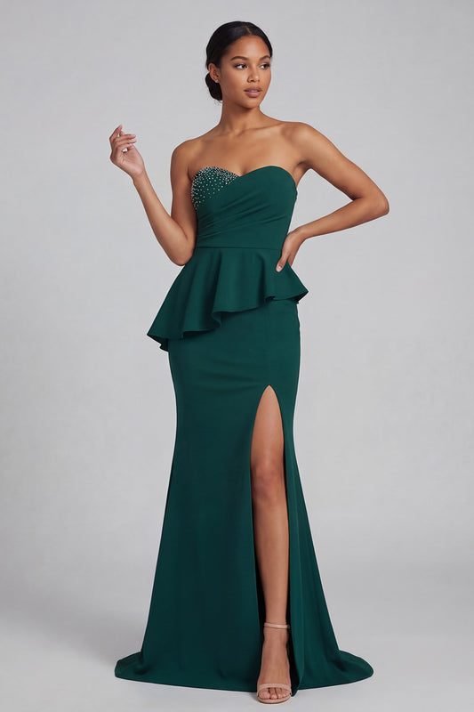 Long Beaded Dark Green Mermaid Mother of the Bride Dress with Ruffles