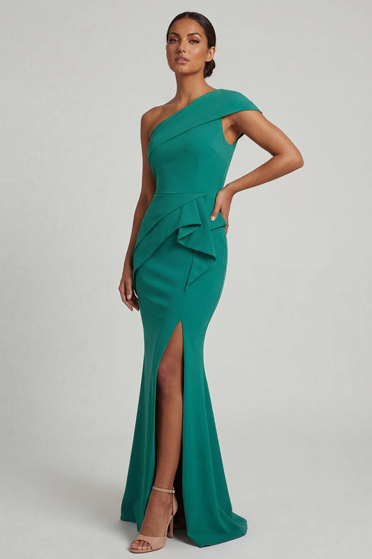 Long One Shoulder Dark Green Mermaid Mother of the Bride Dress with Ruffles