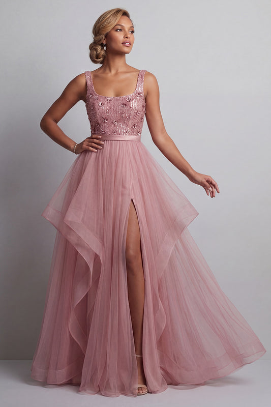 Sparkly Pink A Line Long Sequin Mother of the Bride Dress with Ruffles