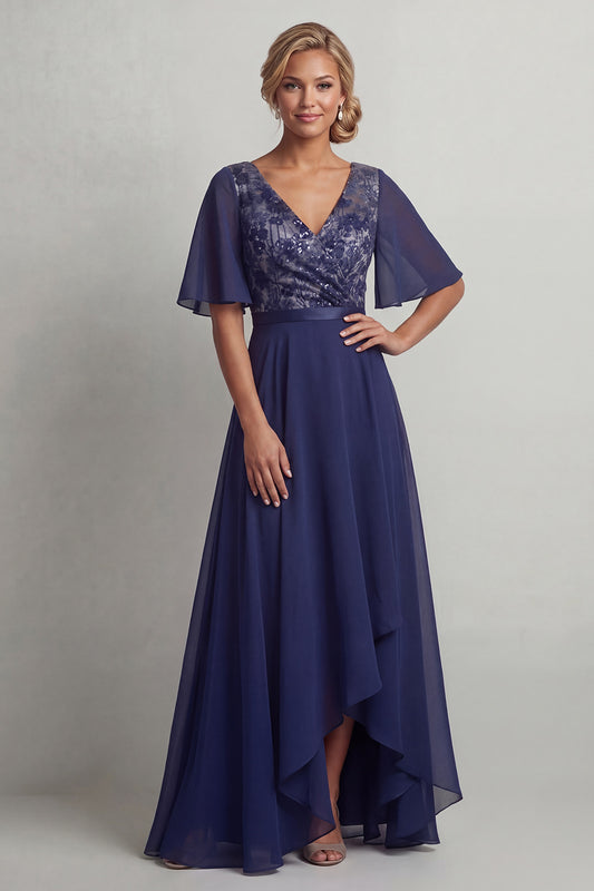 Navy Floral A Line V-Neck Asymmetrical Mother of the Bride Dress