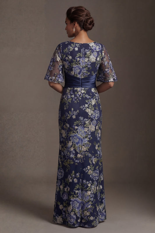 Half Sleeves Navy Sheath Long Floral Mother of the Bride Dress