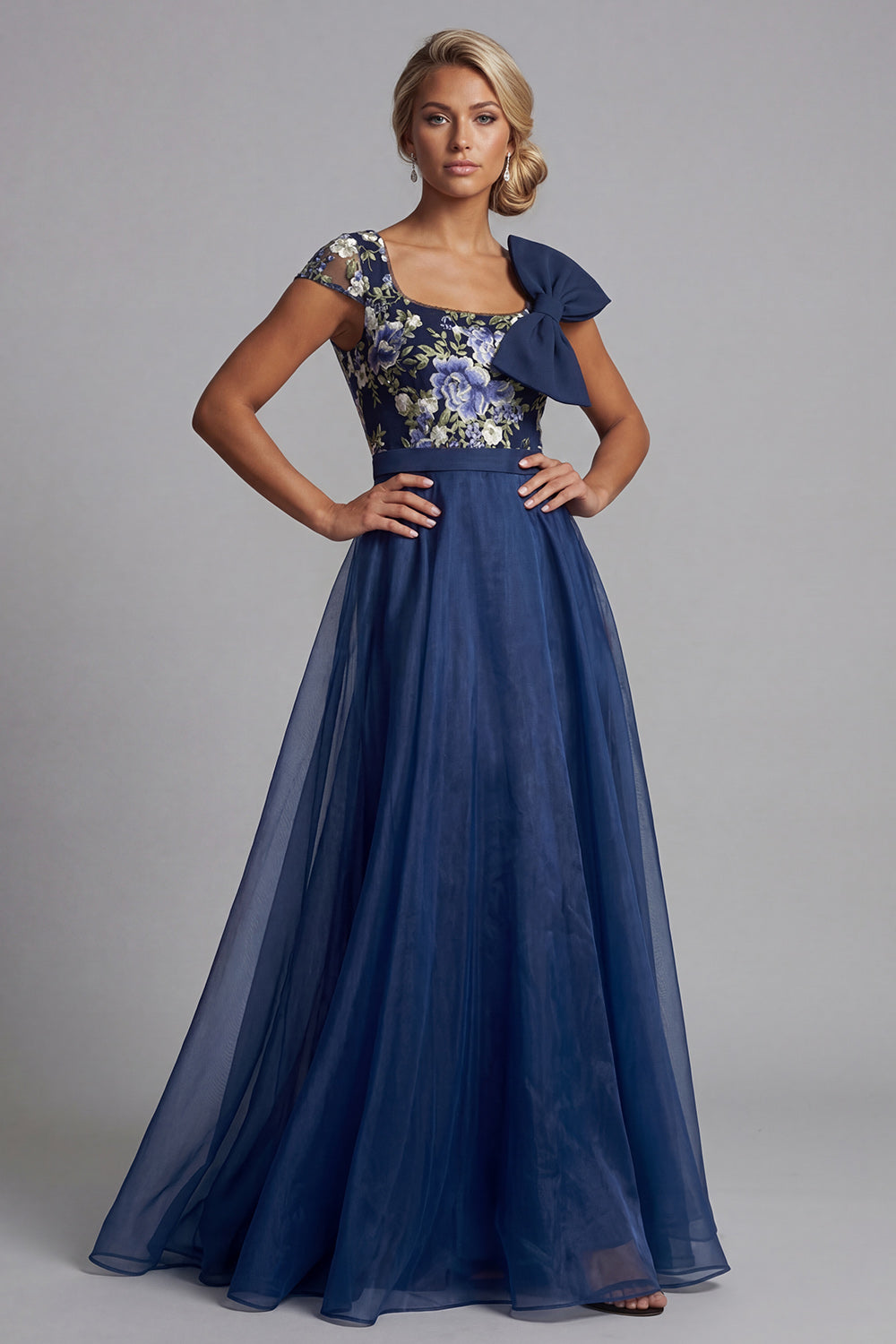 Zapaka Women Navy Flower Long Mother of the Bride Dress A Line Square Neck Wedding Guest Dress with Bow, Navy / US4